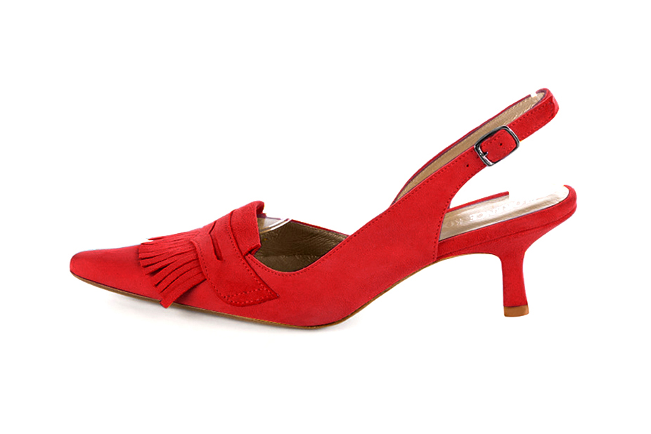 French elegance and refinement for these scarlet red dress slingback shoes, 
                available in many subtle leather and colour combinations. Fans of originality will appreciate the fringes and the "Offbeat Rock" side.
To be personalized or not, with your materials and colors.  
                Matching clutches for parties, ceremonies and weddings.   
                You can customize these shoes to perfectly match your tastes or needs, and have a unique model.  
                Choice of leathers, colours, knots and heels. 
                Wide range of materials and shades carefully chosen.  
                Rich collection of flat, low, mid and high heels.  
                Small and large shoe sizes - Florence KOOIJMAN